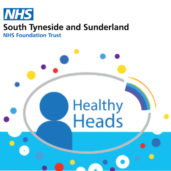 NHS logo for South Tyneside and Sunderland Trust featuring "Healthy Heads" text with colorful dots and a rainbow accent.