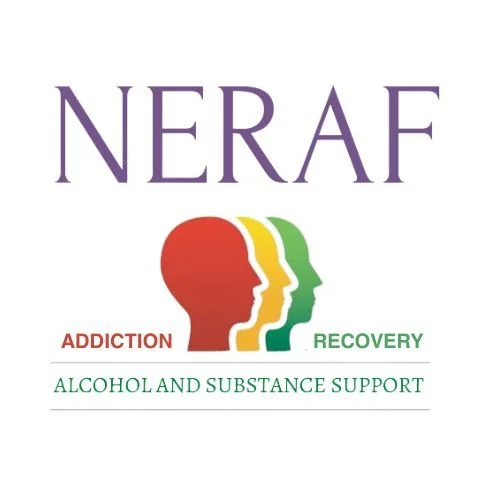 Logo of NERAF, featuring colorful profile silhouettes and the text: "Addiction Recovery, Alcohol and Substance Support."