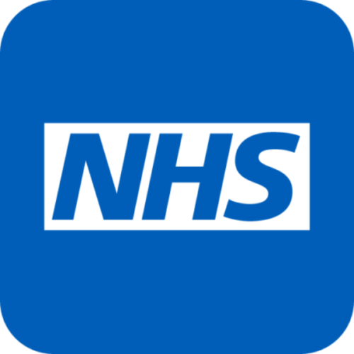 Logo of the National Health Service (NHS) in bold white letters on a blue background,