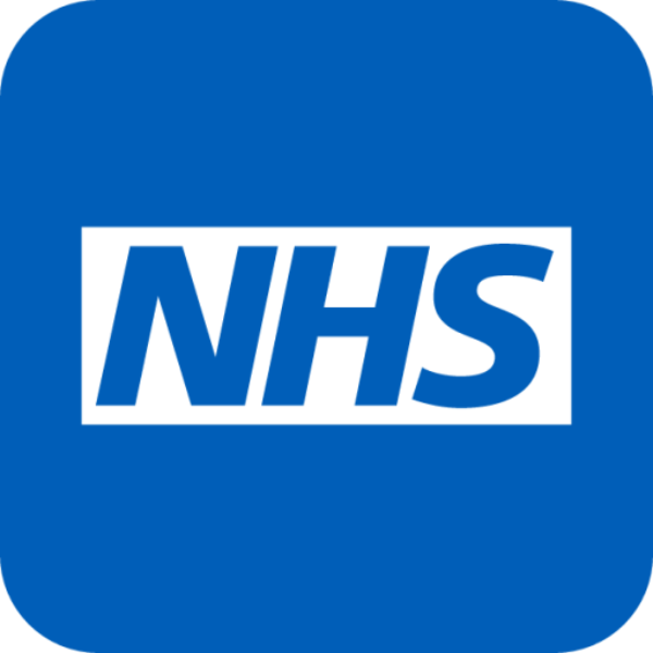 Logo of the National Health Service (NHS) in bold white letters on a blue background,
