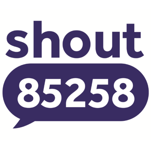 Logo for Shout 85258, a mental health support service, featuring the word "shout" and the service number inside a speech bubble.