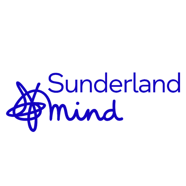 Blue text reads Sunderland Mind with a blue squiggle knot on the left side of the image