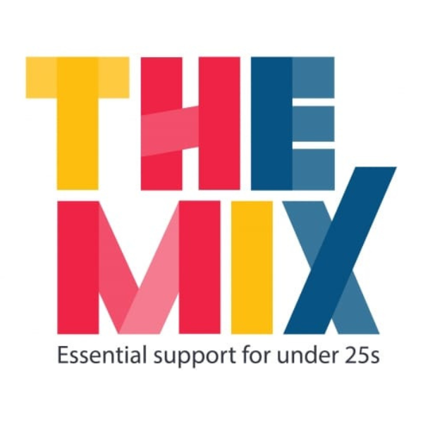 Text in red yellow and blue letters reads The Mix black text underneath reads essential support for under 25's