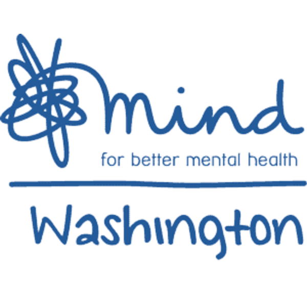 Logo of Mind Washington, a blue, abstract design, and the tagline "for better mental health."