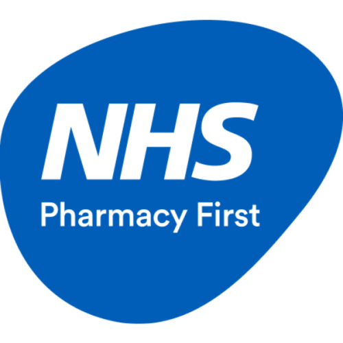 NHS Pharmacy First logo featuring white text on a blue background.