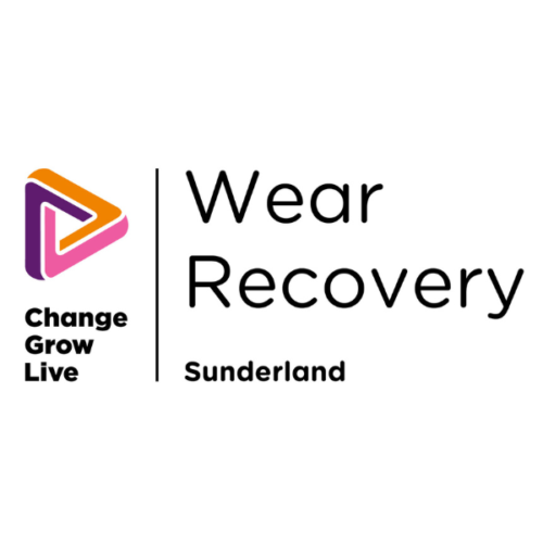 Logo for "Change Grow Live" featuring "Wear Recovery" in Sunderland, with a colorful triangular icon to the left.