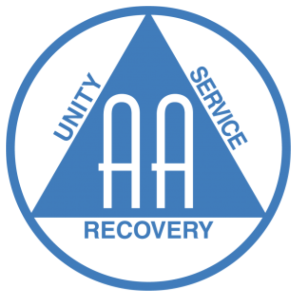 Logo of Alcoholics Anonymous featuring a blue triangle with "Unity," "Service," and "Recovery" highlighting key principles.