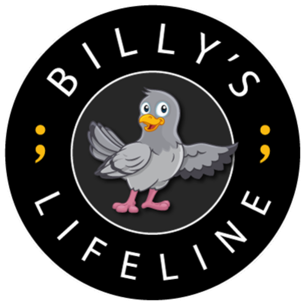 Logo for "Billy's Lifeline" featuring a cartoon pigeon with a cheerful expression, surrounded by a circular black border.
