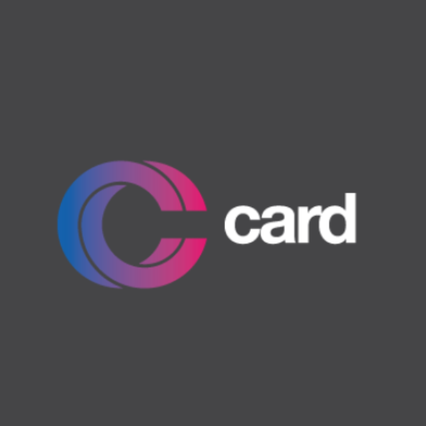 Logo featuring a stylized letter "C" in gradient blue and pink, with the word "card" in bold white, set against a dark background.