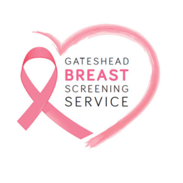 Logo for Gateshead Breast Screening Service featuring a pink ribbon within a heart outline. Emphasizes breast health awareness.