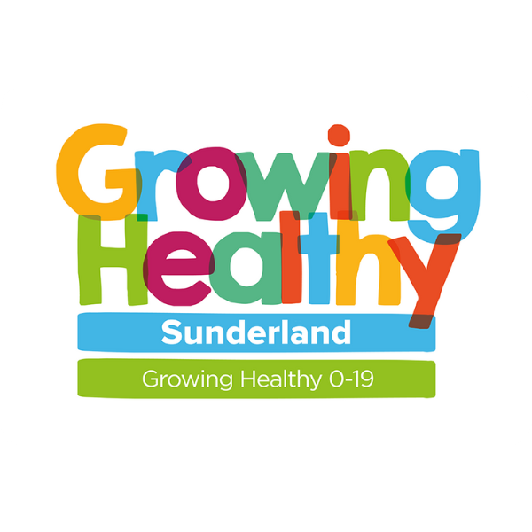 Colorful logo of "Growing Healthy Sunderland," promoting health for children aged 0-19.