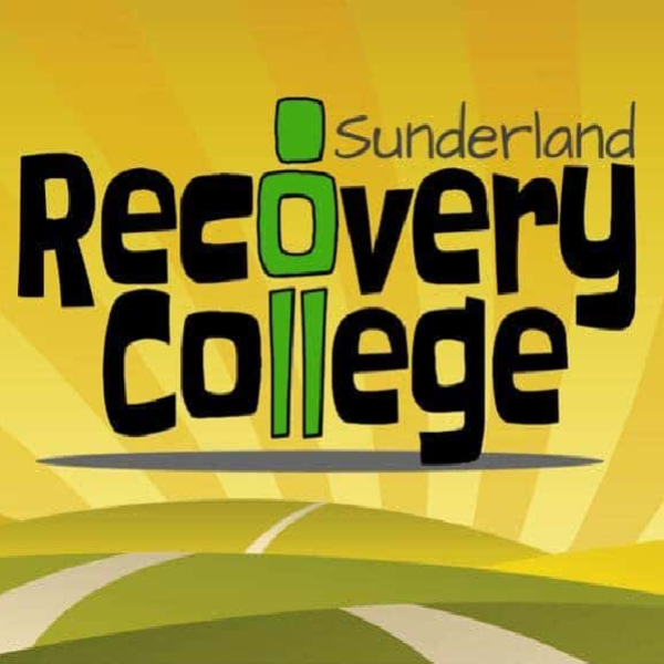 Logo of Sunderland Recovery College, featuring colorful text on a bright yellow background with curving paths symbolizing a journey.