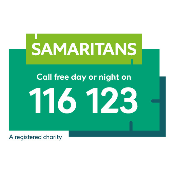 Graphic featuring "Samaritans" logo and contact number 116 123, promoting free support available day or night.
