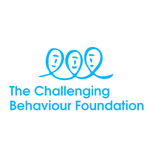 Logo of The Challenging Behaviour Foundation featuring three stylized faces above the text in a light blue color.