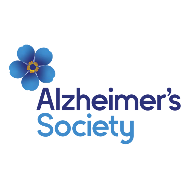 Logo of Alzheimer's Society featuring a light blue forget-me-not flower and the organization’s name in bold blue lettering.