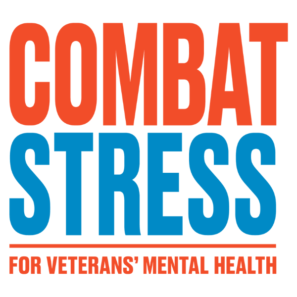 Text logo for "Combat Stress" in bold red and blue, emphasizing mental health support for veterans.