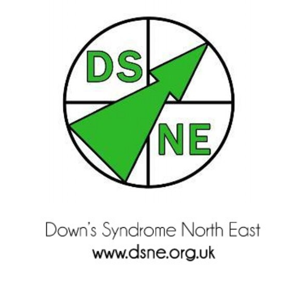 Logo of Down's Syndrome North East featuring a green arrow within a circular design, accompanied by the website link.