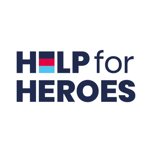 Logo of "Help for Heroes," featuring bold navy lettering with a red and blue graphic element, supporting veterans' recovery and well-being.