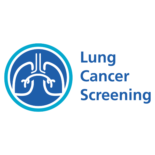 Logo for Lung Cancer Screening featuring stylized lungs in blue inside a circular design, alongside the text "Lung Cancer Screening."