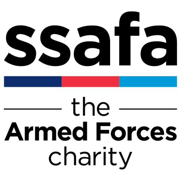 Logo of SSAFA, the Armed Forces charity, featuring bold text with a blue, red, and turquoise color strip on top.