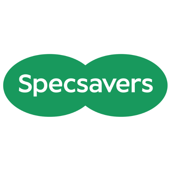 Specsavers logo featuring two overlapping green ovals with the brand name "Specsavers" in bold white text.