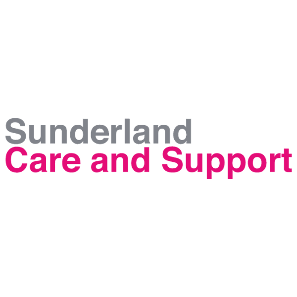 Logo for Sunderland Care and Support, featuring the organization's name in gray and pink text.