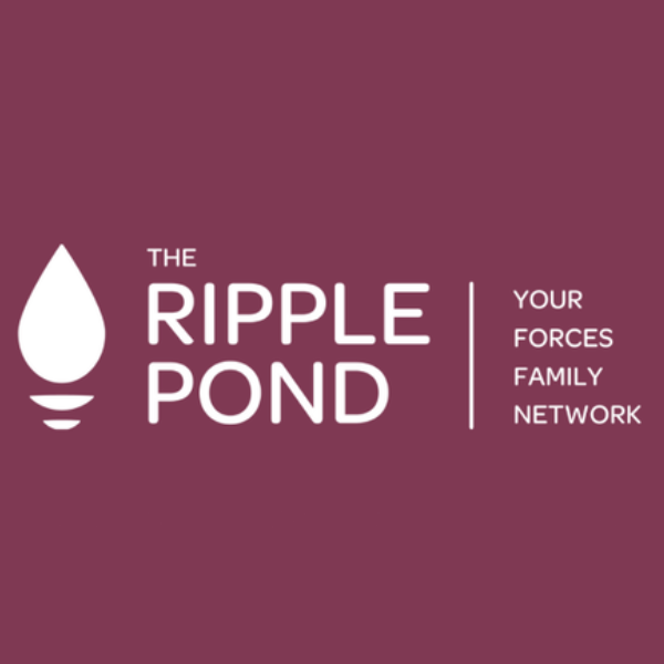 Logo of The Ripple Pond, a support network for military families, featuring a water droplet and text in white on a burgundy background.