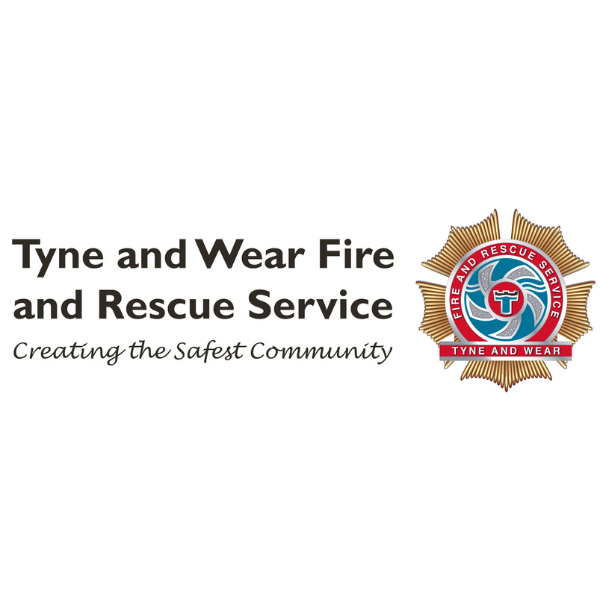 Logo of Tyne and Wear Fire and Rescue Service, emphasizing community safety with a badge and the slogan "Creating the Safest Community."