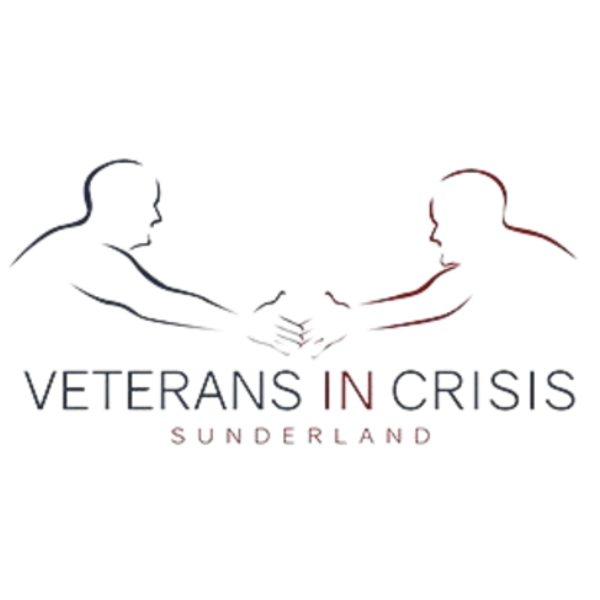 Logo for "Veterans in Crisis Sunderland," featuring two abstract figures reaching out to shake hands, symbolizing support and solidarity.