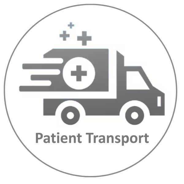 Icon of a fast-moving medical transport truck, symbolizing patient transport services with a cross and plus signs.